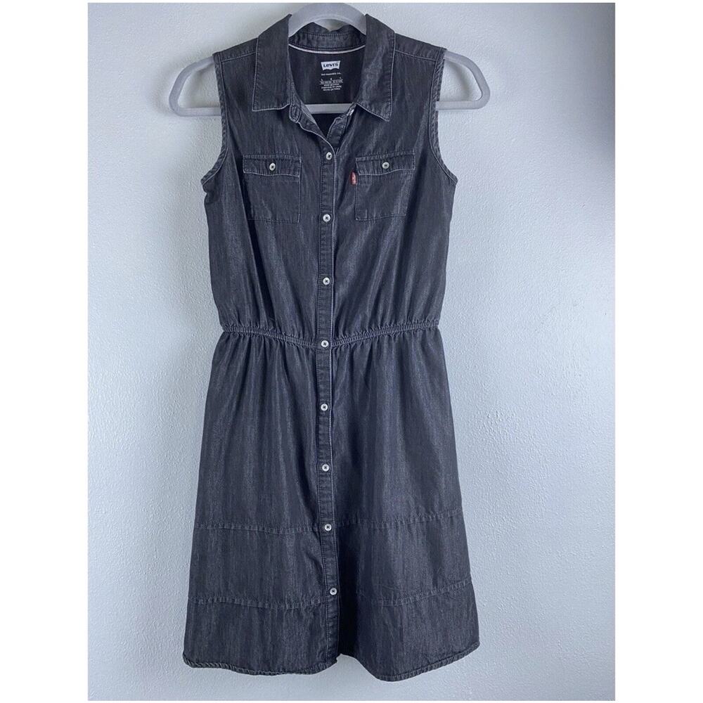 Levi's Sz Lg Levi’s denim shirt dress Y2K casual shirtwaist Black Stone Button - Picture 2 of 9